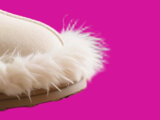 Fur trim at the toe of the slipper after background removal, on magenta, at 100%