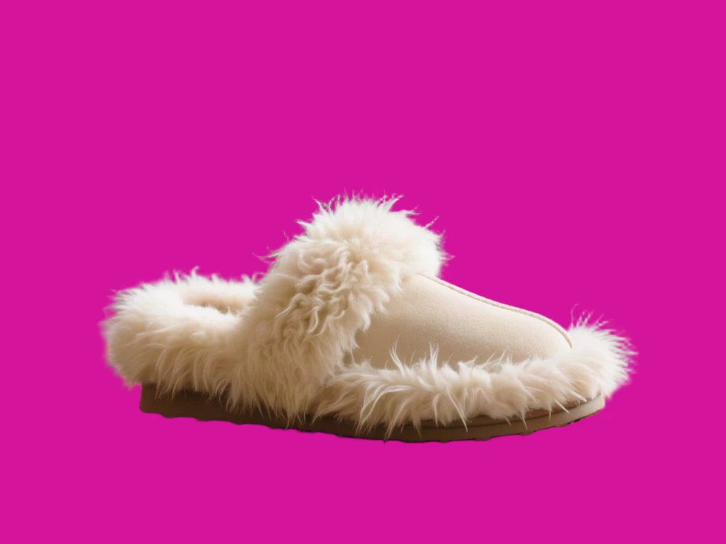 Cream sheepskin slipper with long fur trim on a multicoloured rug cut out and placed on a saturated magenta test colour