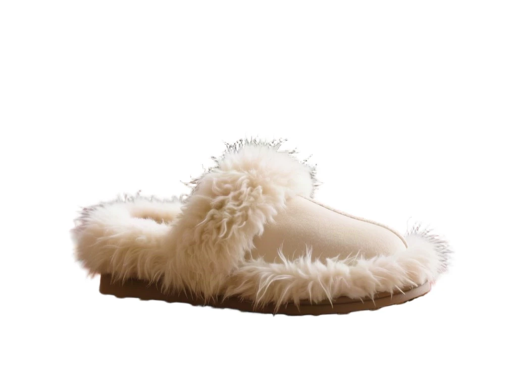 Cream sheepskin slipper with long fur trim on a multicoloured rug cut out and placed on pure white