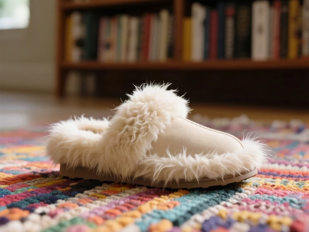 Cream sheepskin slipper with long fur trim on a multicoloured rug before background removal