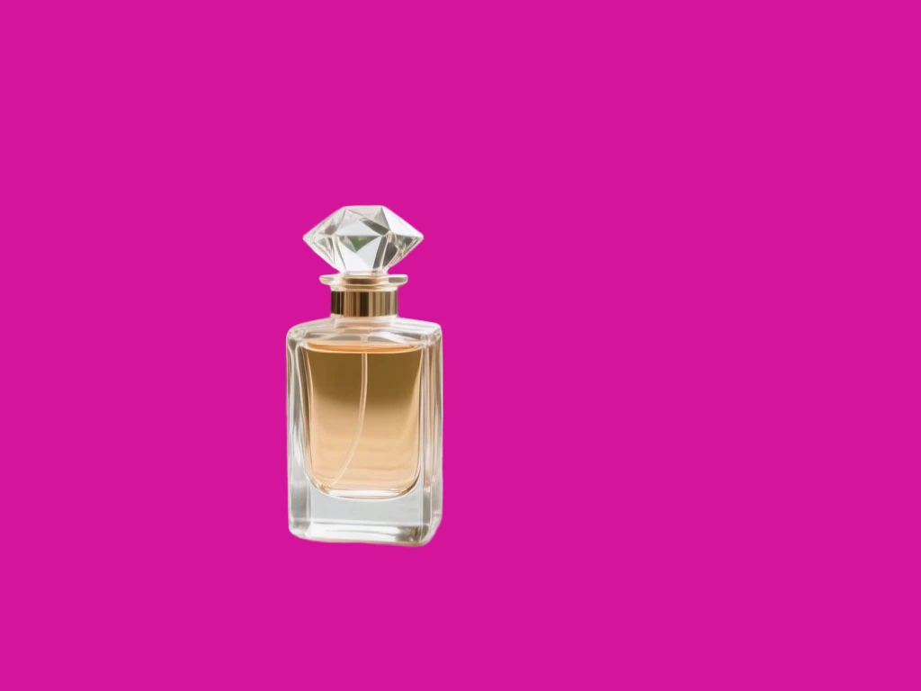 Clear glass perfume bottle on a patterned kitchen counter cut out and placed on a saturated magenta test colour