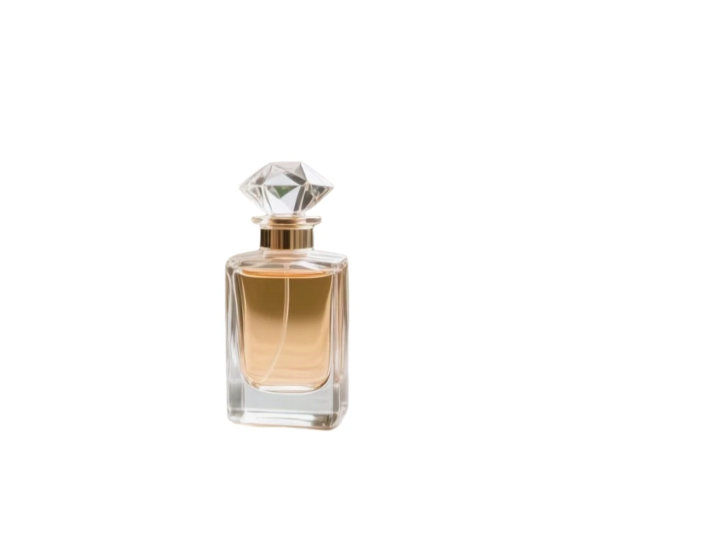 Clear glass perfume bottle on a patterned kitchen counter cut out and placed on pure white