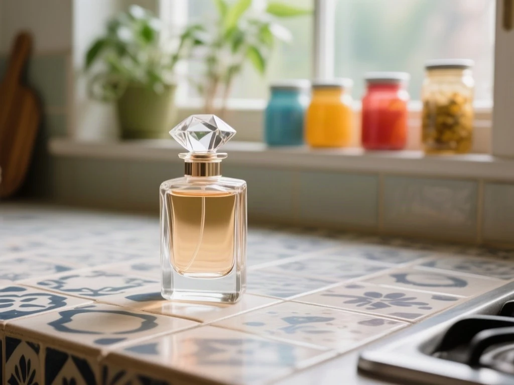 Clear glass perfume bottle on a patterned kitchen counter before background removal