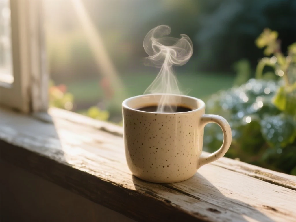 Speckled beige ceramic mug with rising steam on a wooden windowsill in low morning sun
