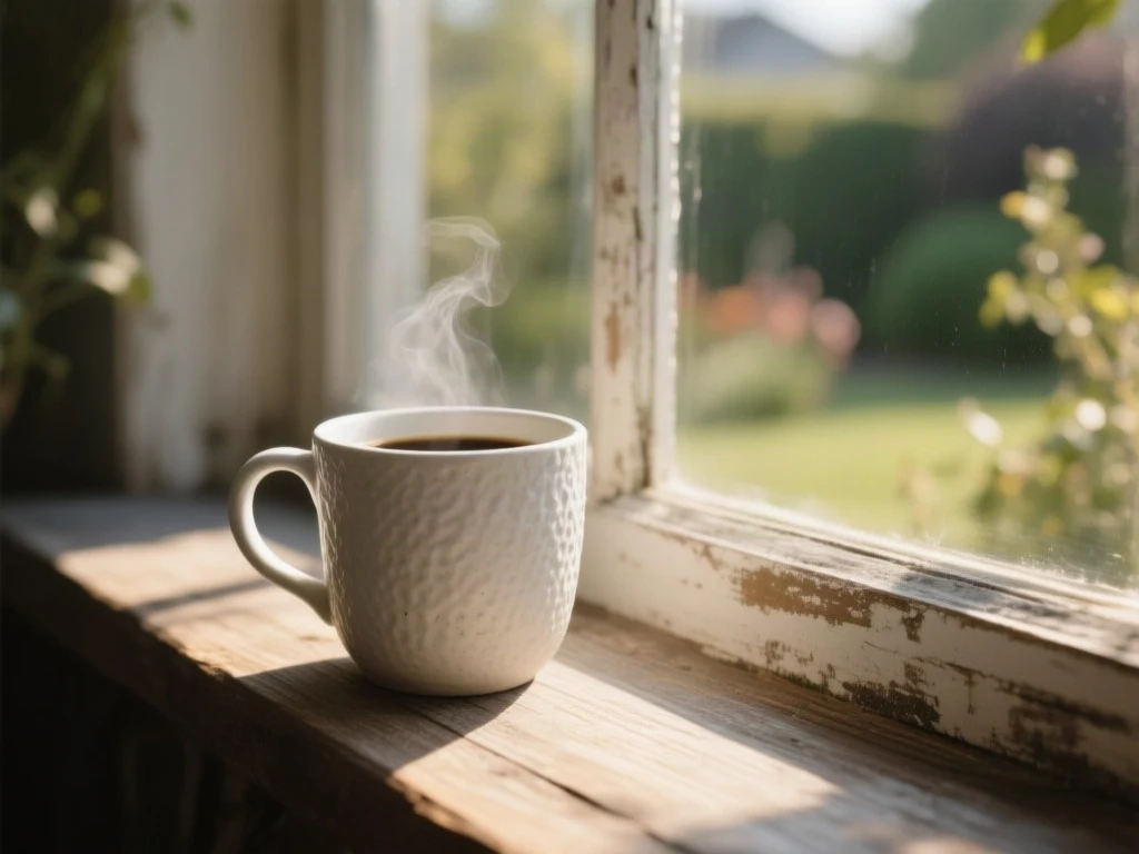 White textured ceramic mug of steaming coffee on a weathered wooden windowsill in morning light