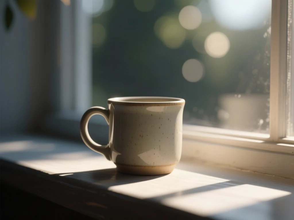 Stoneware mug on a sunlit windowsill with soft shadows and round bokeh highlights behind the glass