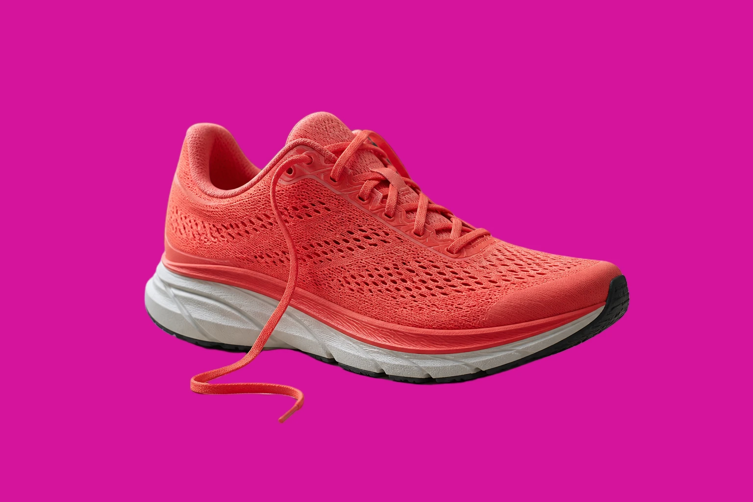 Coral running shoe with a loose lace on a cluttered desk cut out and placed on a saturated magenta test colour
