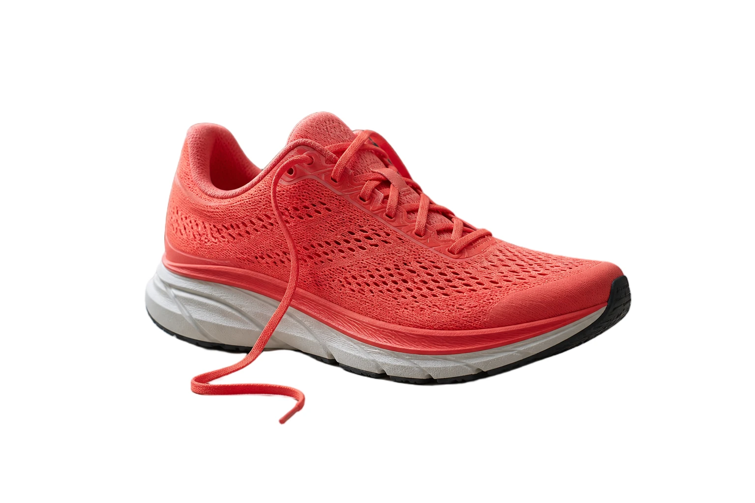 Coral running shoe cut out of a cluttered desk scene and placed on a pure white background