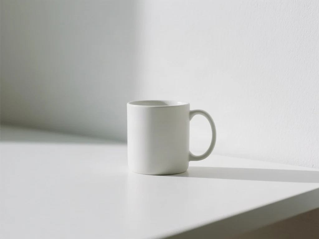 Matte white ceramic mug on a white table against a white wall before background removal