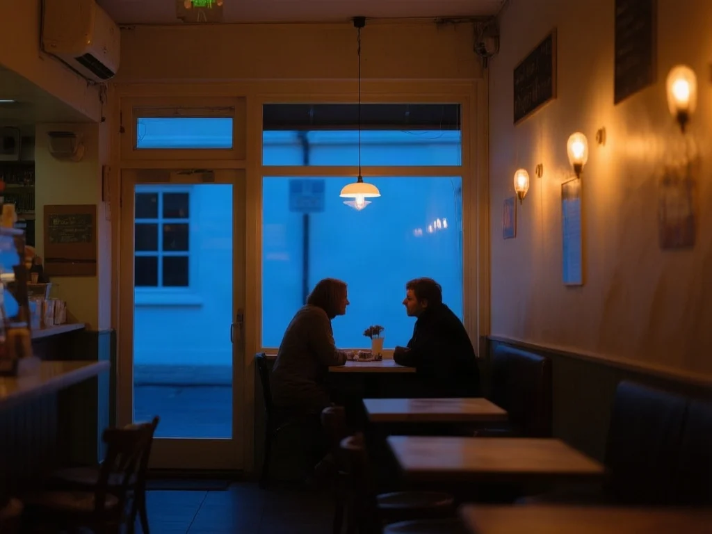 Two people at a cafe window table at dusk, warm tungsten lamps inside against blue evening light outside