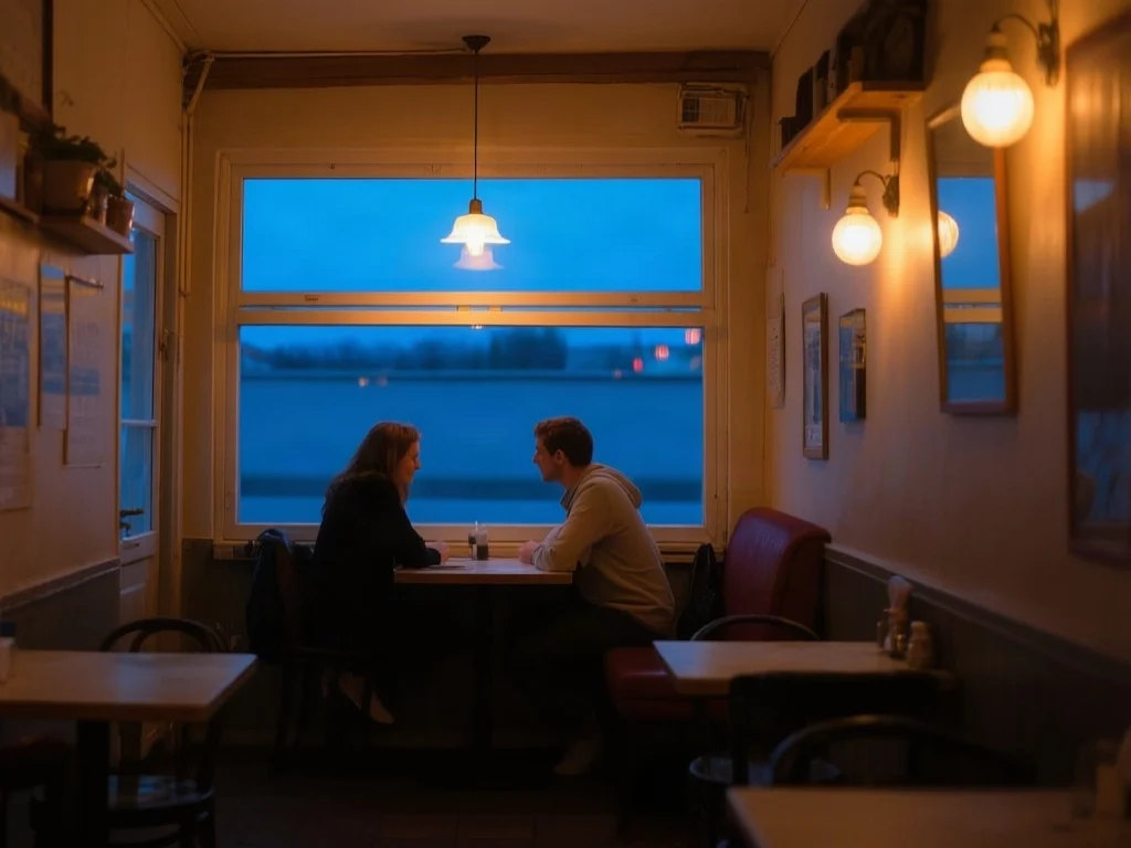 Two people facing each other at a cafe window table at dusk, tungsten lamps against a blue window