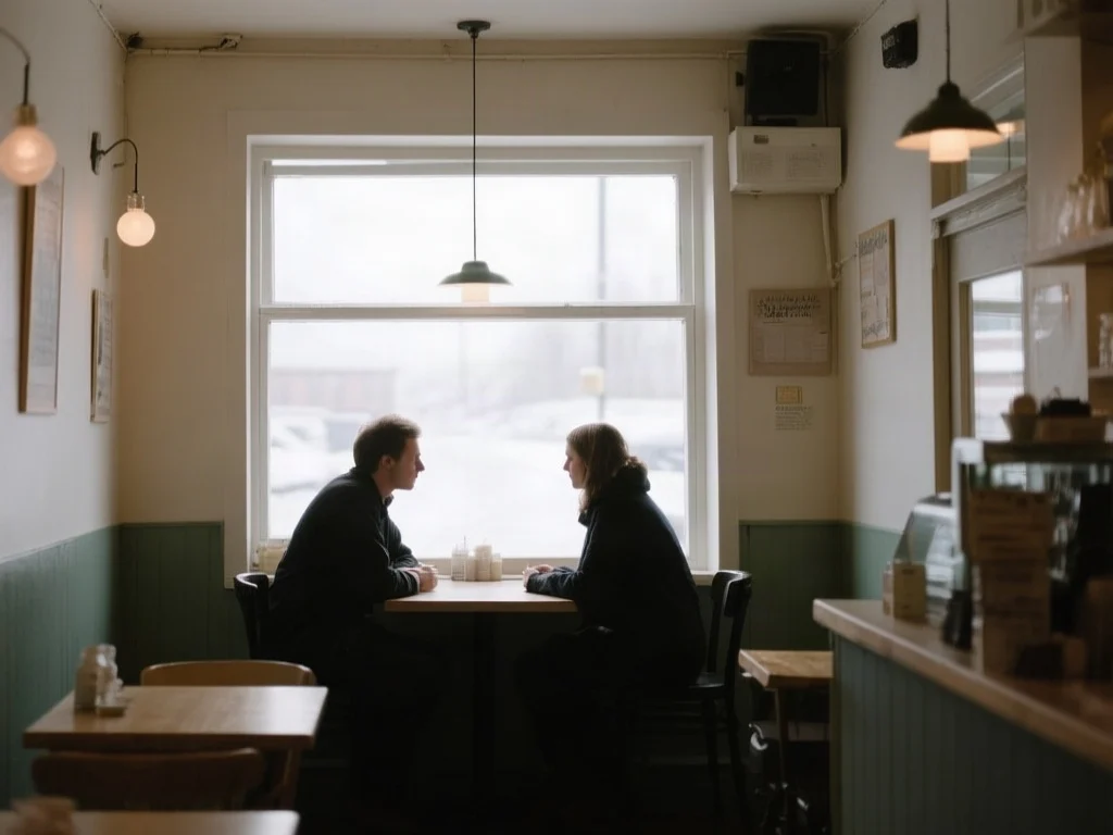 Two people at a cafe window table at midday in pale overcast light, with wall lamps still switched on