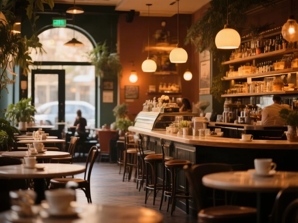 Warm, empty cafe interior with a long counter, pendant lamps and many small tables