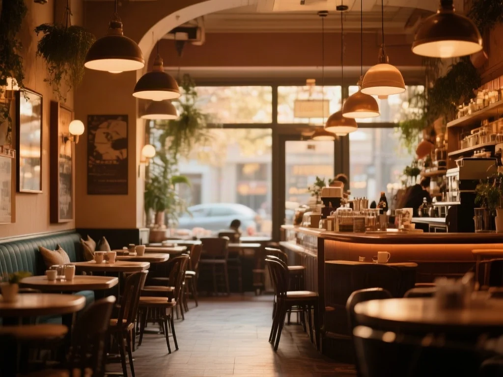 Another warm cafe interior with pendant lamps, a counter and rows of empty tables