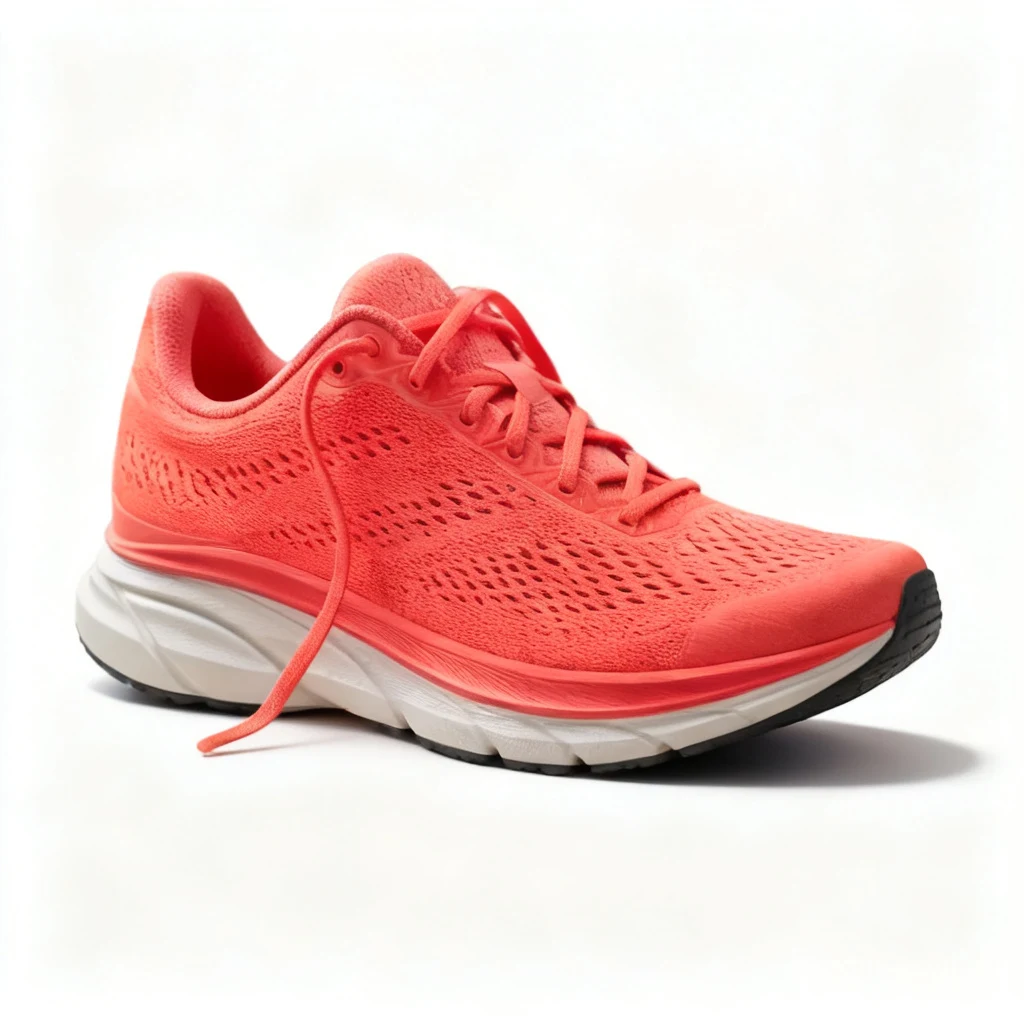 The same coral running shoe after a single edit call, on a plain off-white studio background with a soft contact shadow and a redrawn loose lace