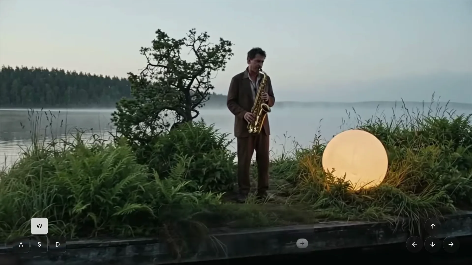 A man playing a saxophone on a small island at dawn, beside a glowing amber sphere, from Google DeepMind’s Genie 4 demo