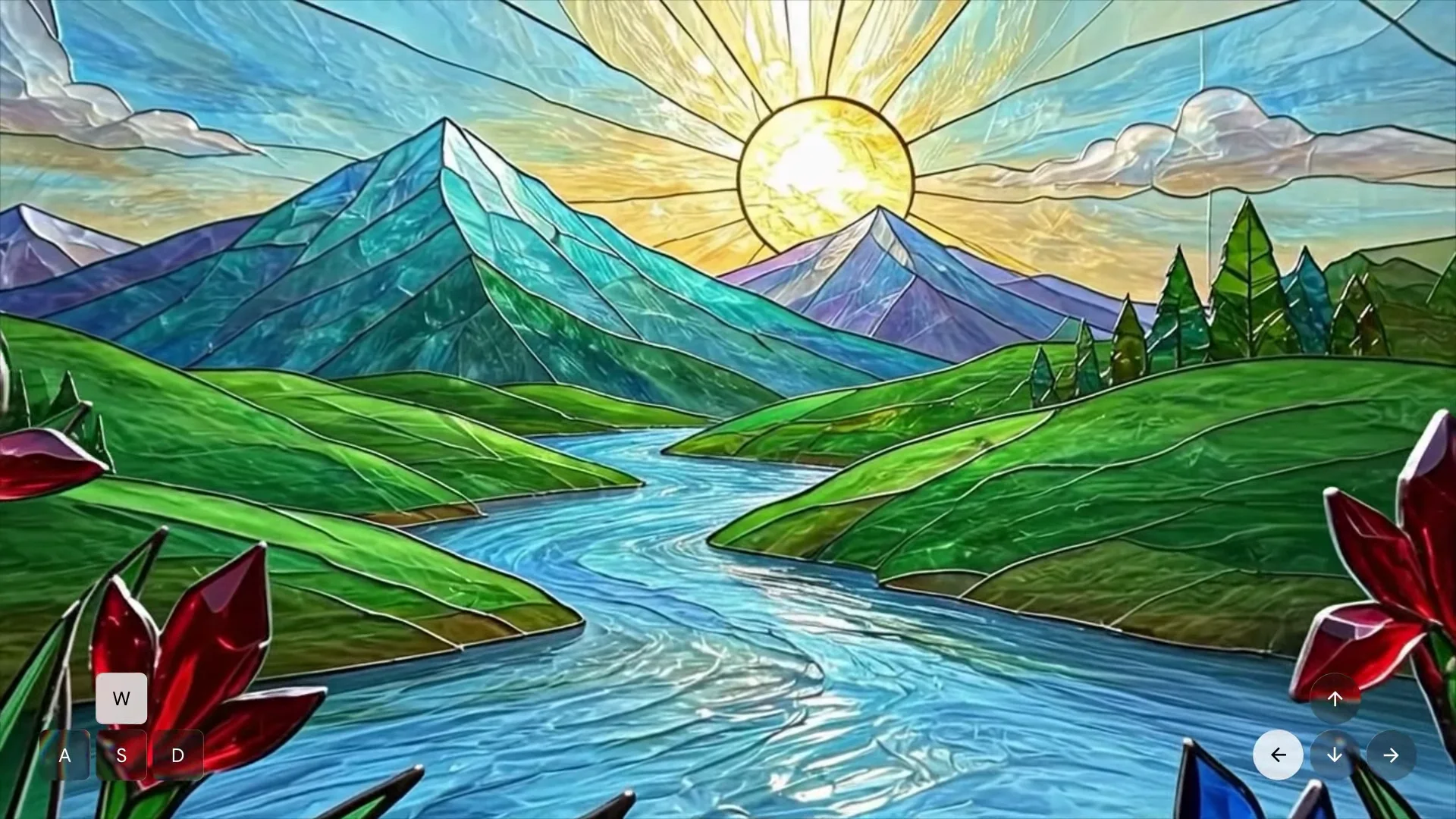 Stained-glass landscape of green hills, a river, mountains and a radiant sun, all made of coloured glass, from Google DeepMind’s Genie 4 demo