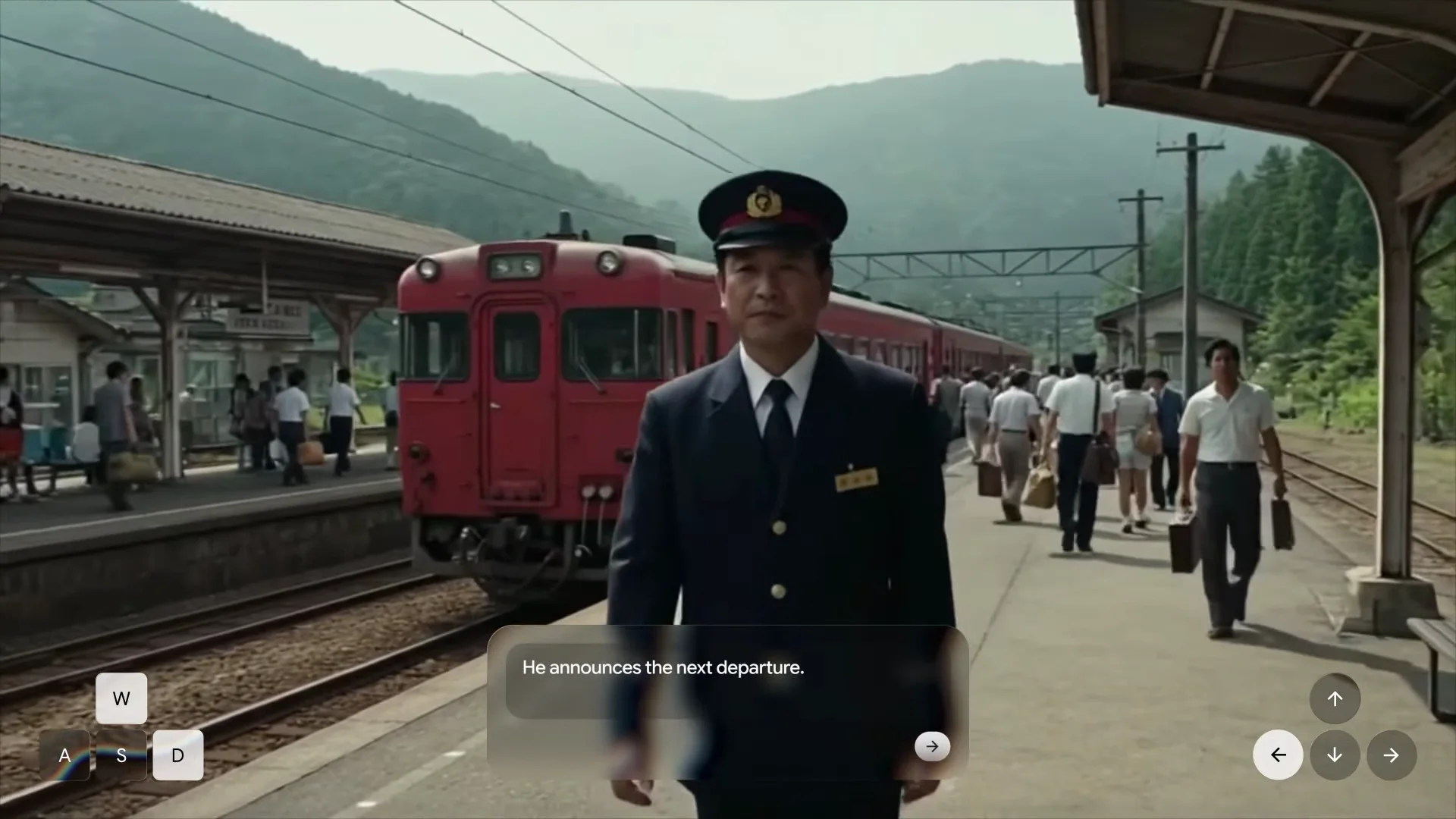 A station official in a dark uniform on a 1980s Japanese railway platform beside a red train, with an on-screen instruction reading He announces the next departure