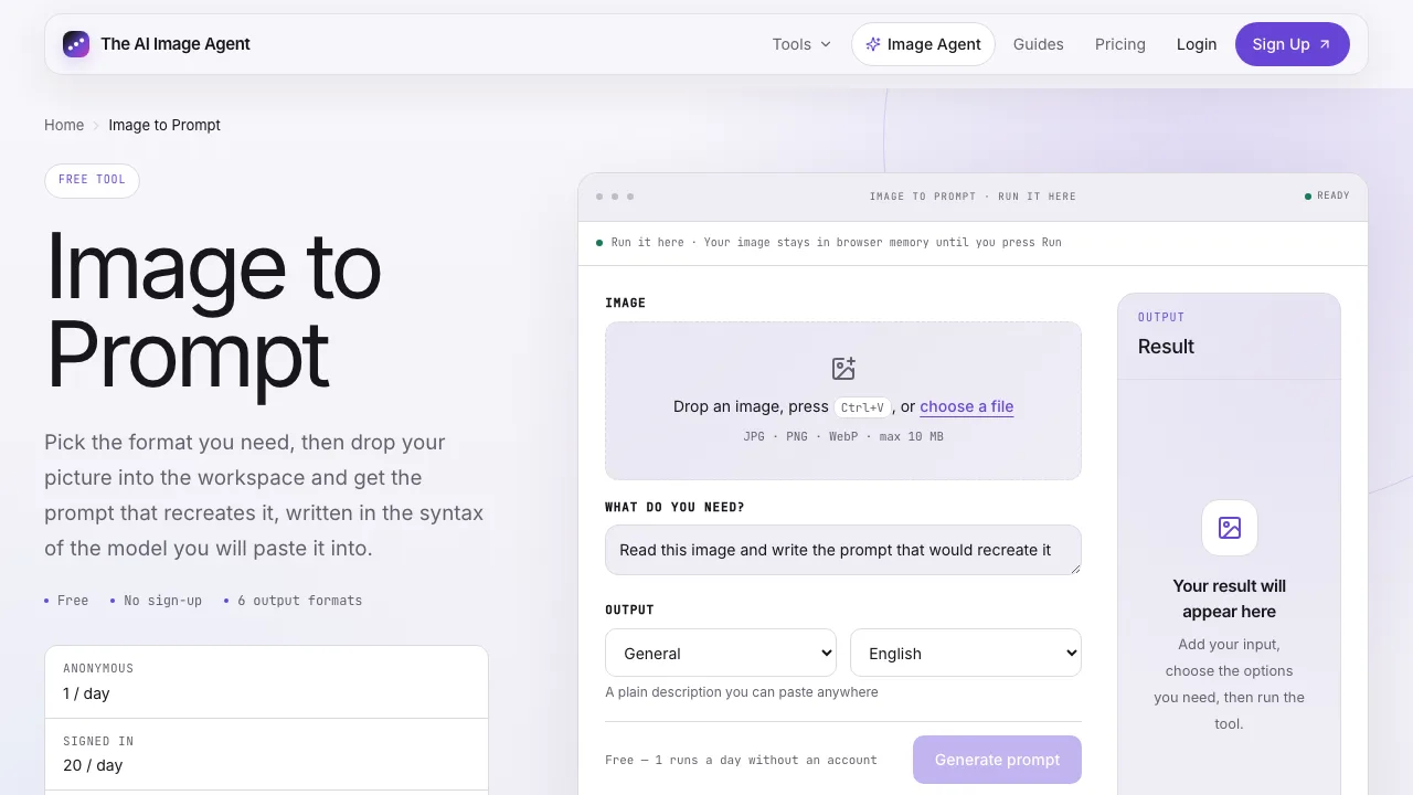 Empty image-to-prompt tool page with upload area