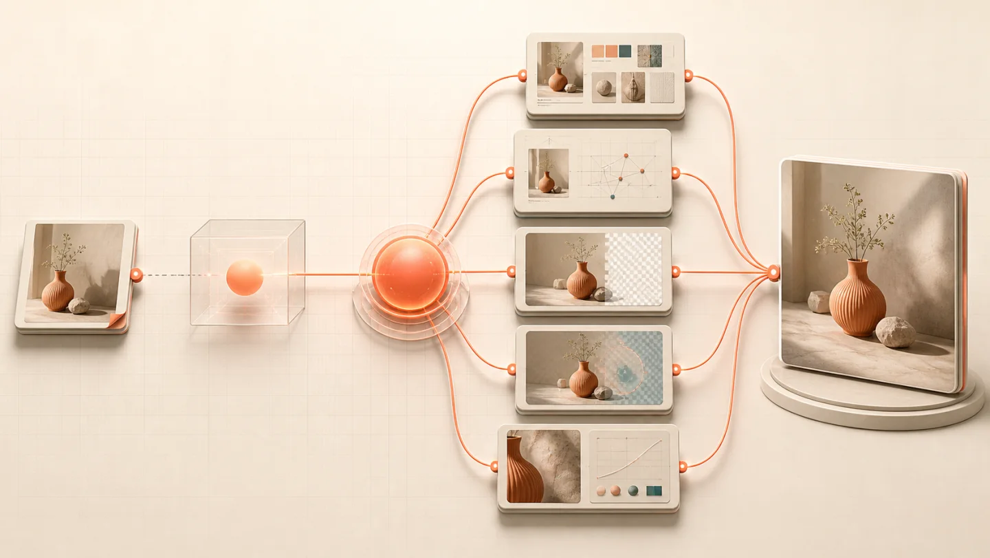 An AI image agent routing one visual brief through planning, generation, background editing and quality-check stages