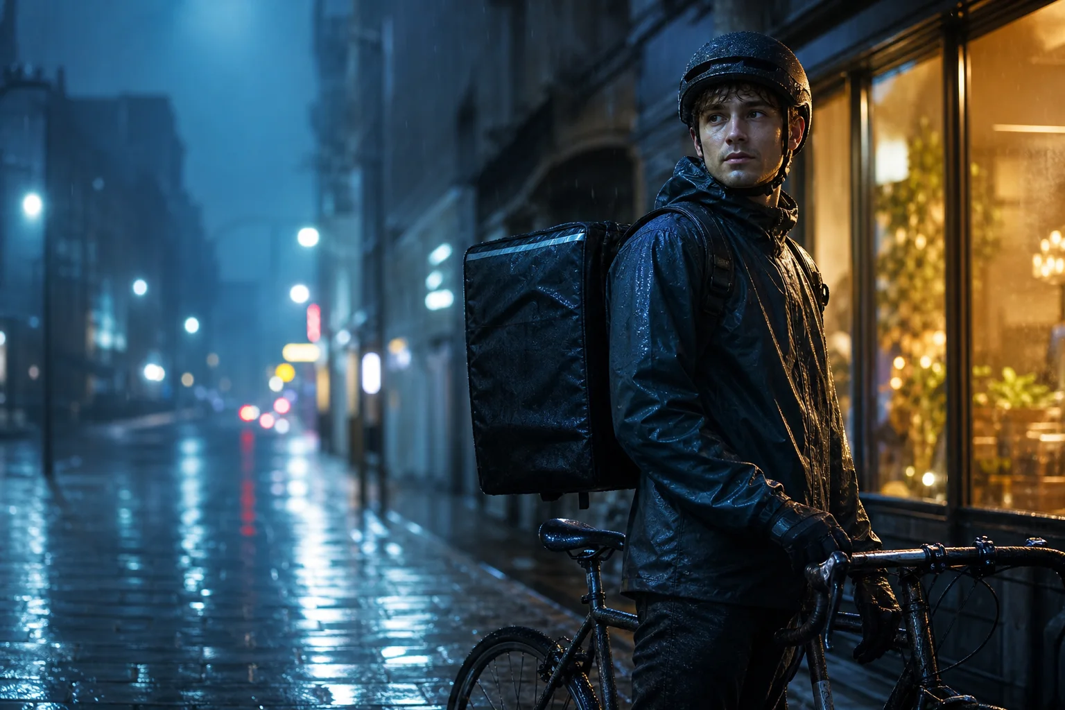 Example rainy-night bicycle courier photograph with blue ambient light, warm rim light and reflective pavement