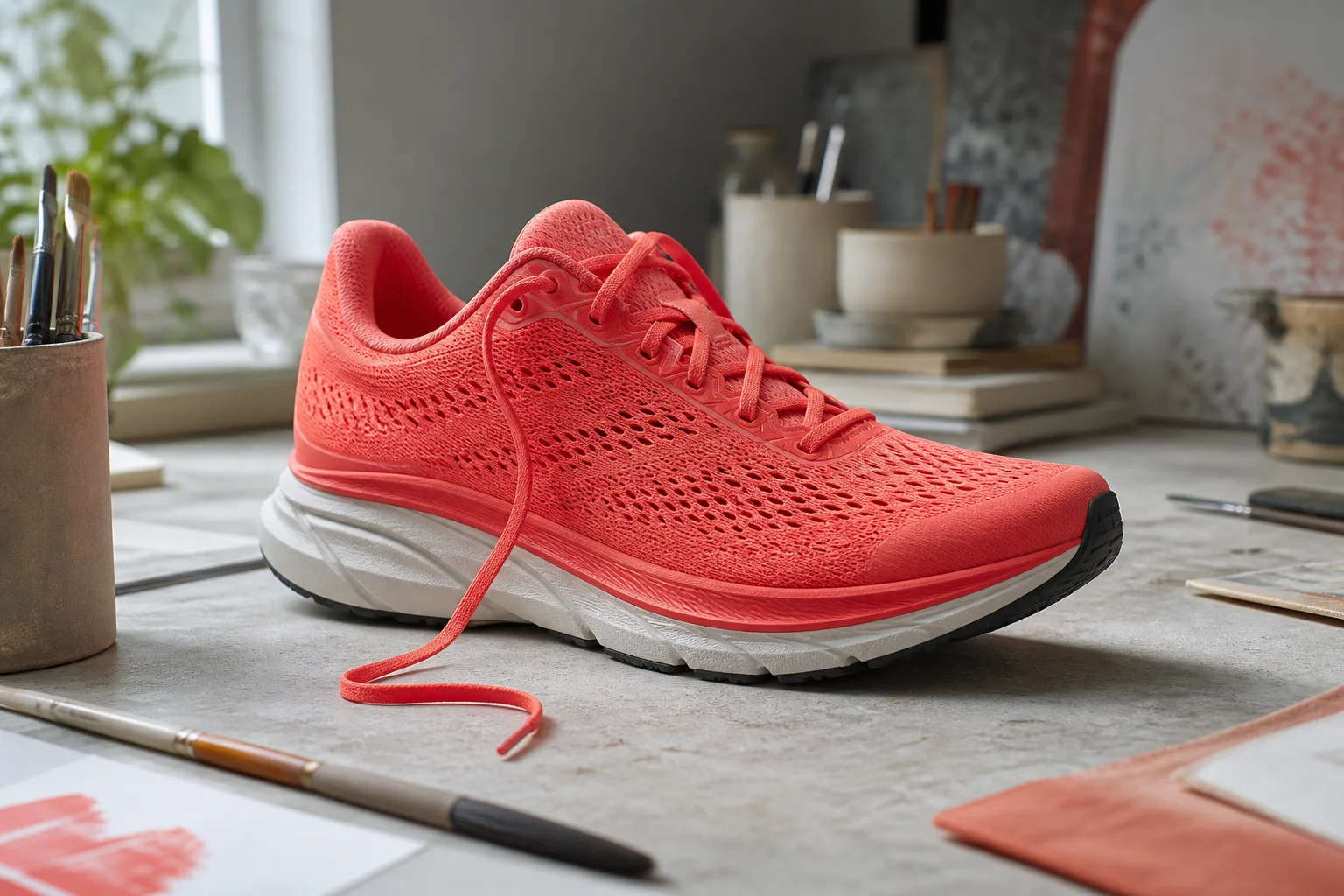 Example coral running shoe on a studio workbench with loose laces and fine mesh edges